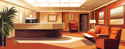 Modern hotel lobby with elegant art and cozy seating area lit by soft, warm lighting.