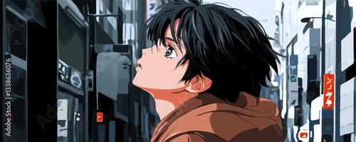 Anime character admiring urban skyline in city street at dusk.