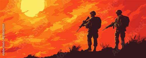Silhouetted soldiers with rifles at sunset on rocky terrain in desert environment.