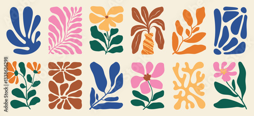 Botanical doodle background art vector set. Flower and leaves abstract shape doodle art design for print, wallpaper, clipart, wall art for home decoration. 