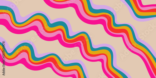 Rainbow Wavy Abstract Backgound. Cool Colorful Playful Texture. Groovy Psychedelic Stripes. Y2k Funny Vector Texture. Pop Art Retro Bg.