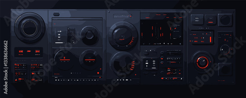 Futuristic control panel with digital displays and interactive elements in moody lighting.
