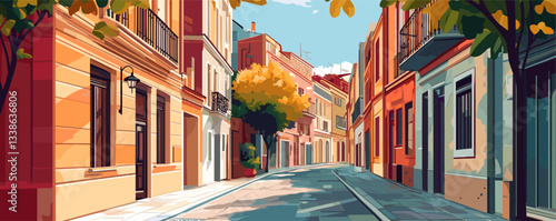 Colorful street scene with trees and vibrant buildings in sunlit european town.