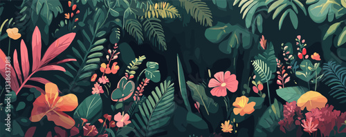 Vibrant tropical foliage with colorful flowers in dense greenery at nighttime.