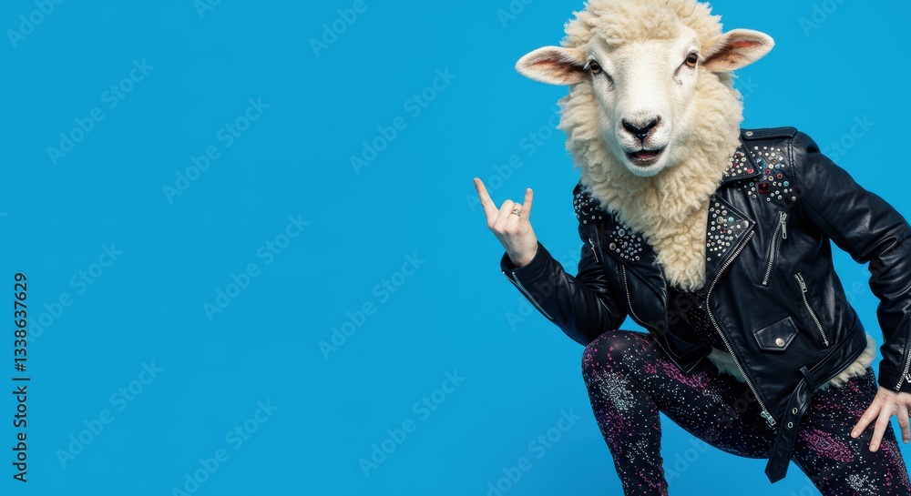Rock star sheep in leather jacket strikes a pose against blue background Rock star sheep in leather jacket strikes a pose against blue background
