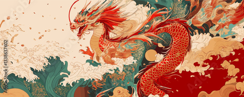 Majestic red dragon soaring over turbulent ocean waves in traditional japanese art style.