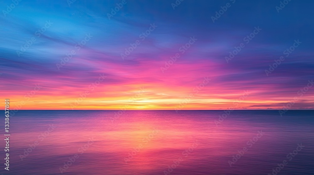Fototapeta premium Sunset over ocean landscapes idea. Stunning sunset over calm waters with vibrant hues of pink and blue.
