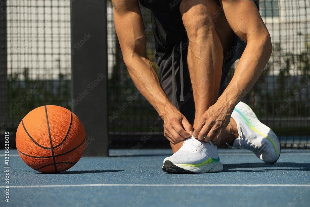Close up basketball player tying sports shoes in basketball court outdoors. Last preparation. Summer game.
