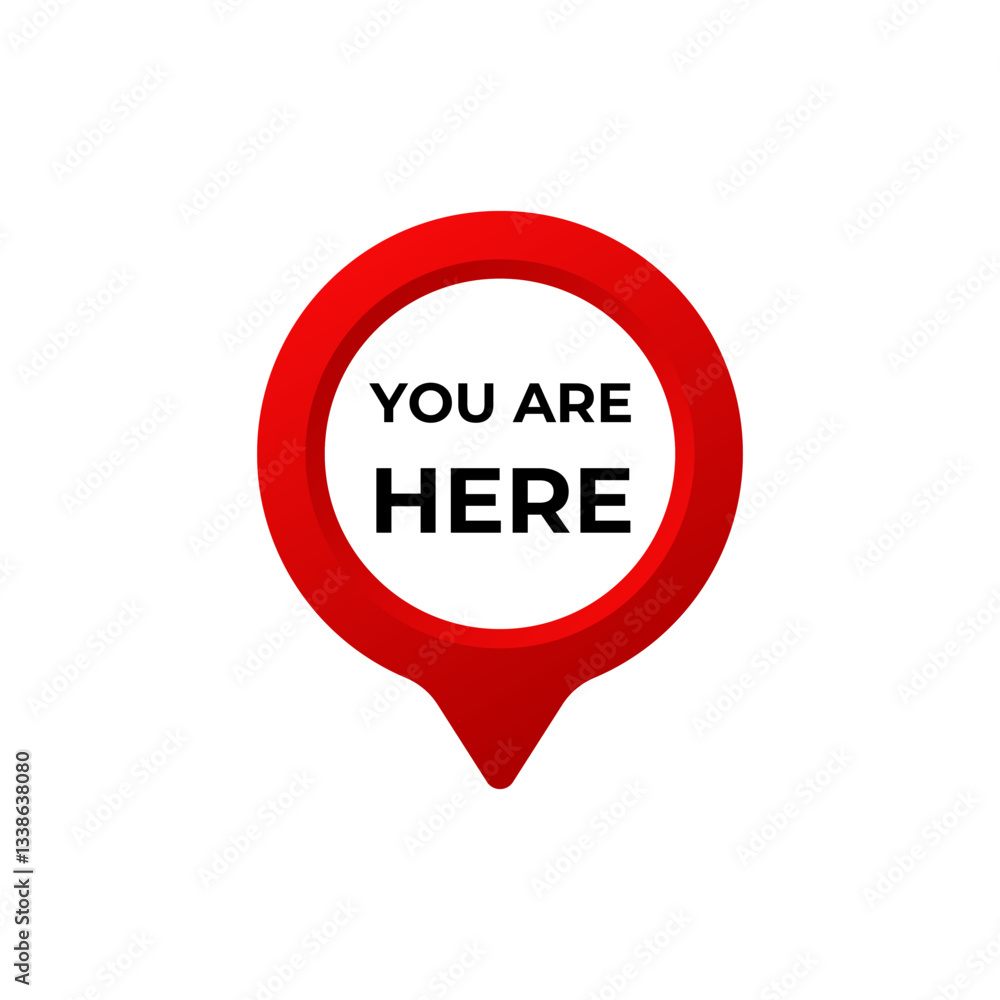 A simple red location pin with the phrase you are here in bold capital letters inside it.