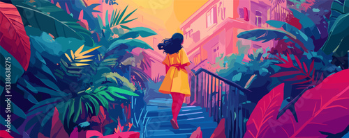 Woman in yellow dress walking up vibrant staircase surrounded by lush foliage at sunset.