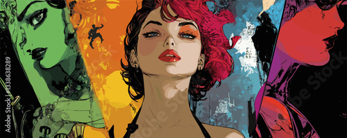Bold collage art of woman with vibrant hair in multicolored panels.
