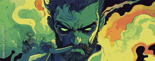 Mysterious man with glowing eyes surrounded by smoke and fire in dramatic illustration.