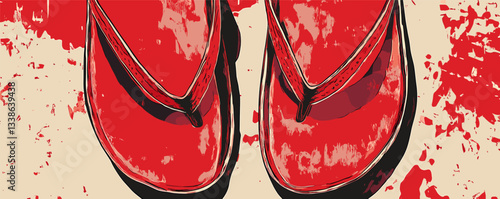 Red flip-flops on abstract splashy background with bold artistic style.