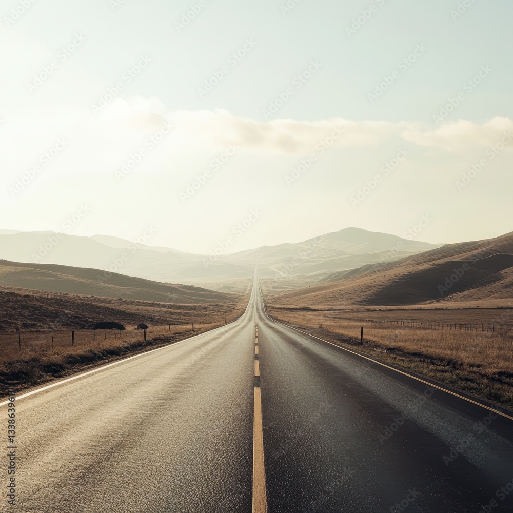 Fototapeta premium Serene Open Road Stretching Into Distant Mountains at Sunrise
