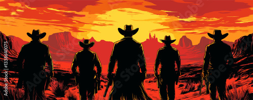 Silhouetted cowboys at sunset in western desert landscape.