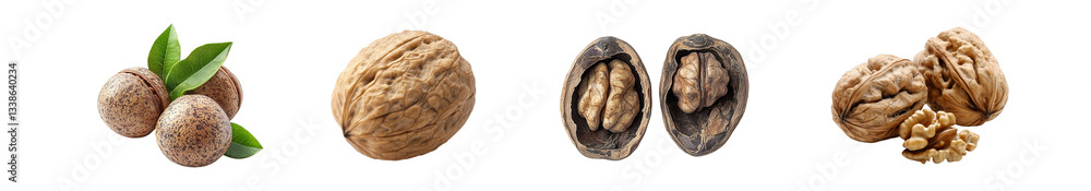 Set of walnuts, shelled walnuts, and walnut halves, isolated on transparent background, Cutout PNG Set of walnuts, shelled walnuts, and walnut halves, isolated on transparent background, Cutout PNG