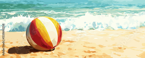 Colorful beach ball on sandy shore with ocean waves in background.