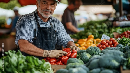 Greengrocer arranging fresh produce at farmers market stall
