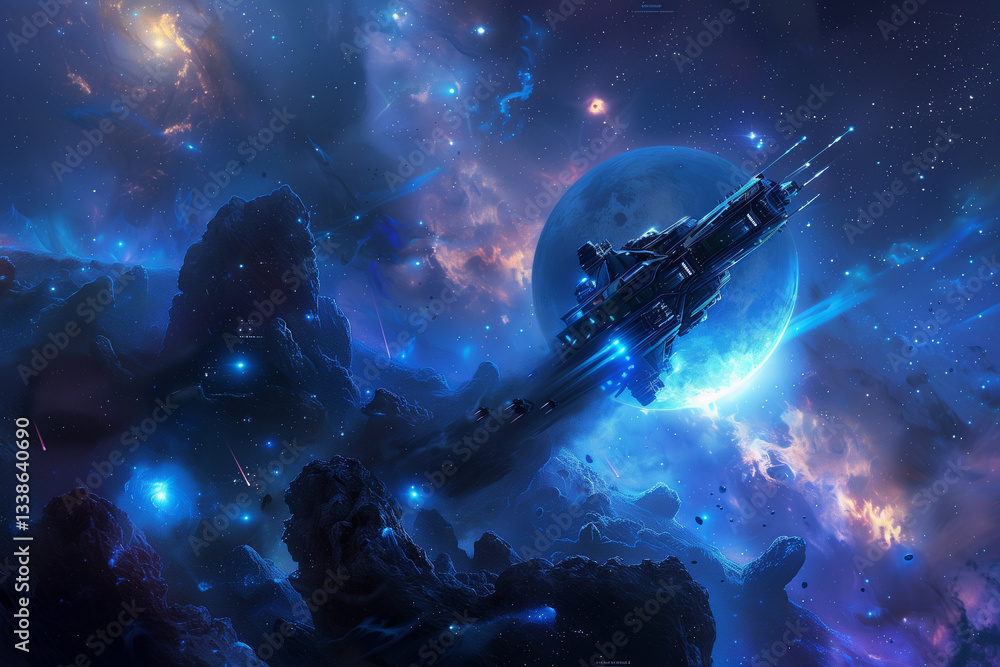 Naklejka premium A spaceship navigating through colorful cosmic clouds and distant stars.