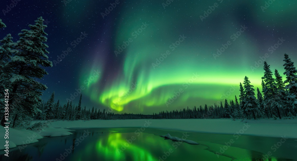Aurora Borealis Reflection on Winter Lake with Snowy Forest View Aurora Borealis Reflection on Winter Lake with Snowy Forest View