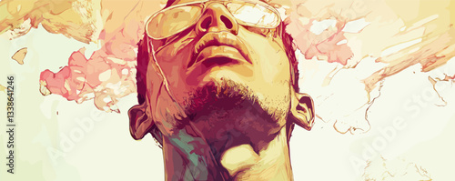 Abstract art of a young man looking up with sunglasses and colorful splash background.