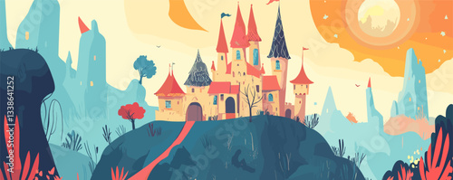 Enchanted castle on hill at sunrise surrounded by magical landscape.