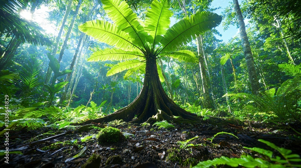 Fototapeta premium Lush Green Rainforest with Sunlight Illuminating a Large Tree Fern