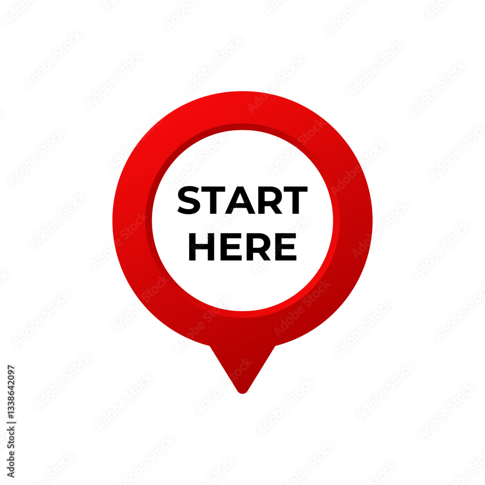 Red circular pointer with a white center displays start here text in bold black letters. Red circular pointer with a white center displays start here text in bold black letters.