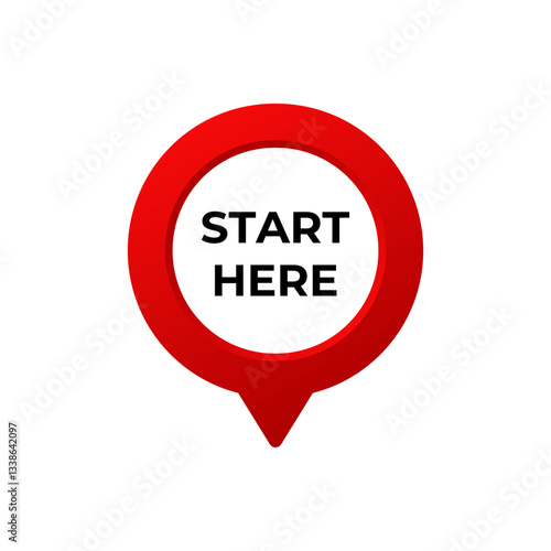 Red circular pointer with a white center displays start here text in bold black letters.