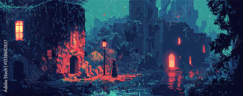 Mysterious nocturnal village with glowing windows and enchanted atmosphere.