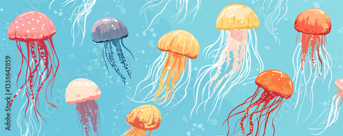 Colorful jellyfish floating gracefully in aquatic blue ocean environment.