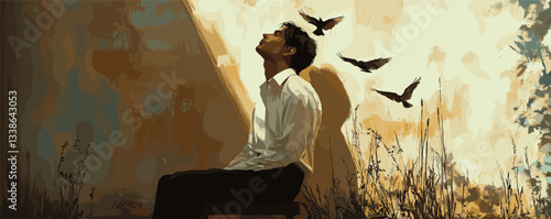Contemplative young man sitting outdoors with birds flying in a serene sunset scene.