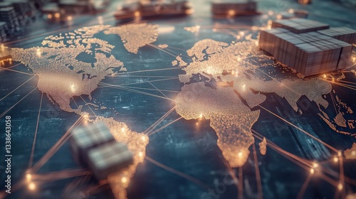 This intricate image showcases a illuminated world map with detailed cargo overlays, symbolizing global trade, connectivity, and the flow of commerce across continents.