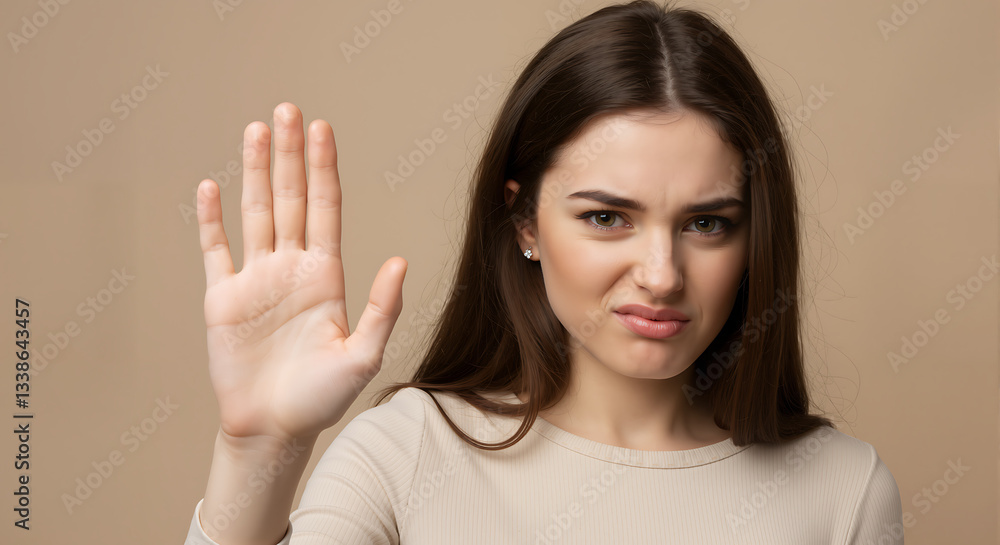 A woman with a repulsed expression and defensive gesture demonstrates strong disgust toward something unpleasant. A woman with a repulsed expression and defensive gesture demonstrates strong disgust toward something unpleasant.