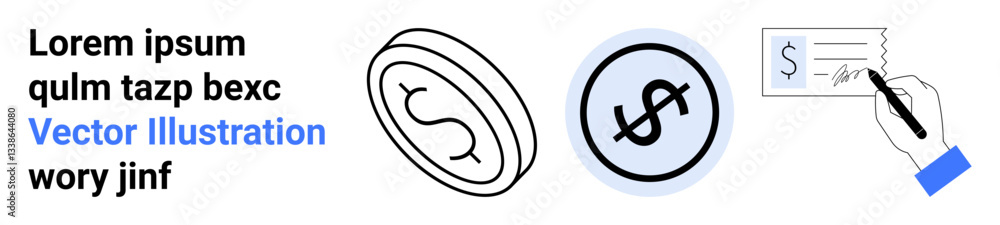 Dollar coin outline, dollar badge with blue outline, and hand writing on a check. Ideal for banking, money management, finance, payment methods, business transactions, accounting simple landing page Dollar coin outline, dollar badge with blue outline, and hand writing on a check. Ideal for banking, money management, finance, payment methods, business transactions, accounting simple landing page