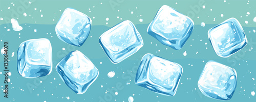 Floating ice cubes in water with bubbles and turquoise gradient background.