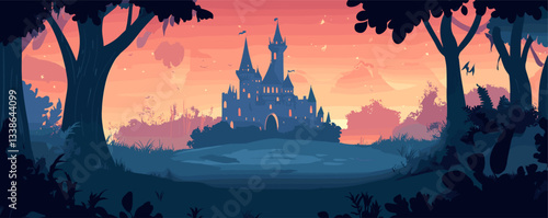 Enchanting fairy tale castle at sunset with silhouetted trees and vibrant sky.