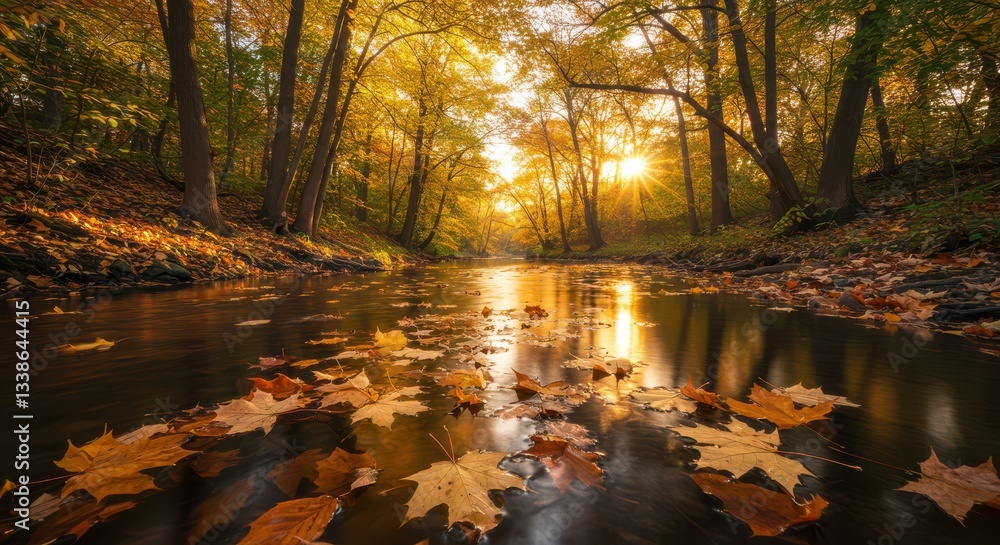 Obraz premium Autumn Leaves Floating in River Reflecting Sunset Light Through Trees