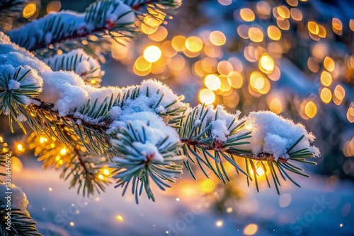 Wallpaper Mural Winter Wonderland: Snow-Covered Pine Branch with Warm Glowing Lights - Long Exposure Photography Torontodigital.ca