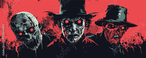 Haunting trio of zombies in hats and suits with glowing eyes against blood red background.