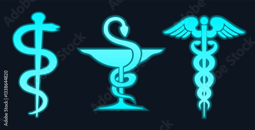 Neon glowing medical symbols with snake and wings design