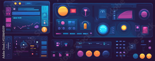 Futuristic control panel interface with digital screens, buttons, and graphs in blue and purple tones.
