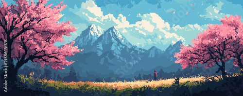 Scenic spring landscape with pink blossoms, majestic mountains, and a lone wanderer under blue skies.