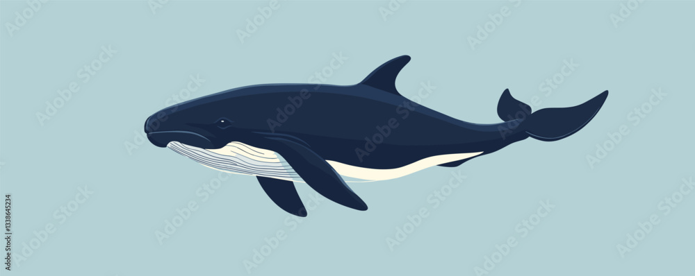 Fototapeta premium Illustration of a blue whale swimming underwater against a light blue background.