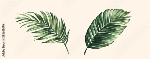 Two green tropical palm leaves on beige background.