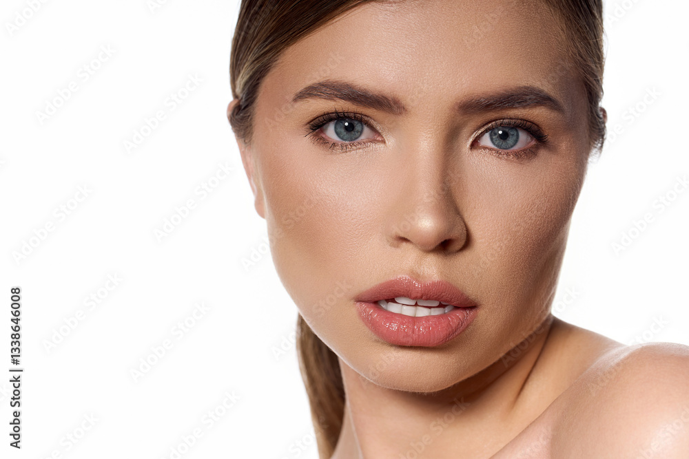 Obraz premium Elegant young woman showcasing stylish beauty in a minimalist setting for a timeless look