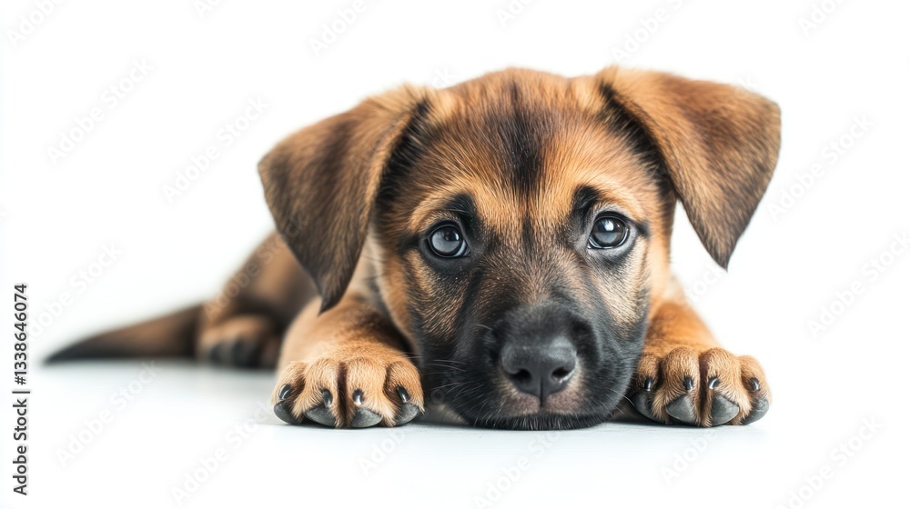 Obraz premium Adorable puppy lying down against white background. Stock photo of a cute dog