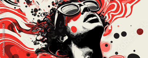Abstract art: man with sunglasses in red and black swirls, artistic expression.