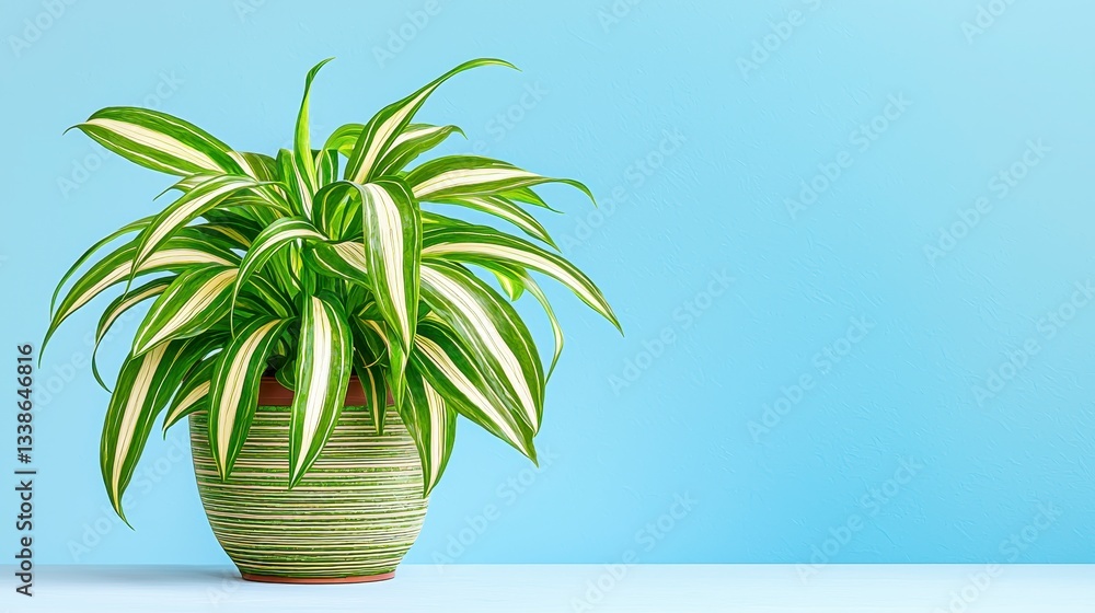 Obraz premium Pixel Art Spider Plant in Patterned Pot Against Light Blue Background