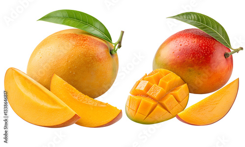 Ripe cut mango fruits with green leaf set, Fresh mango fruit isolated